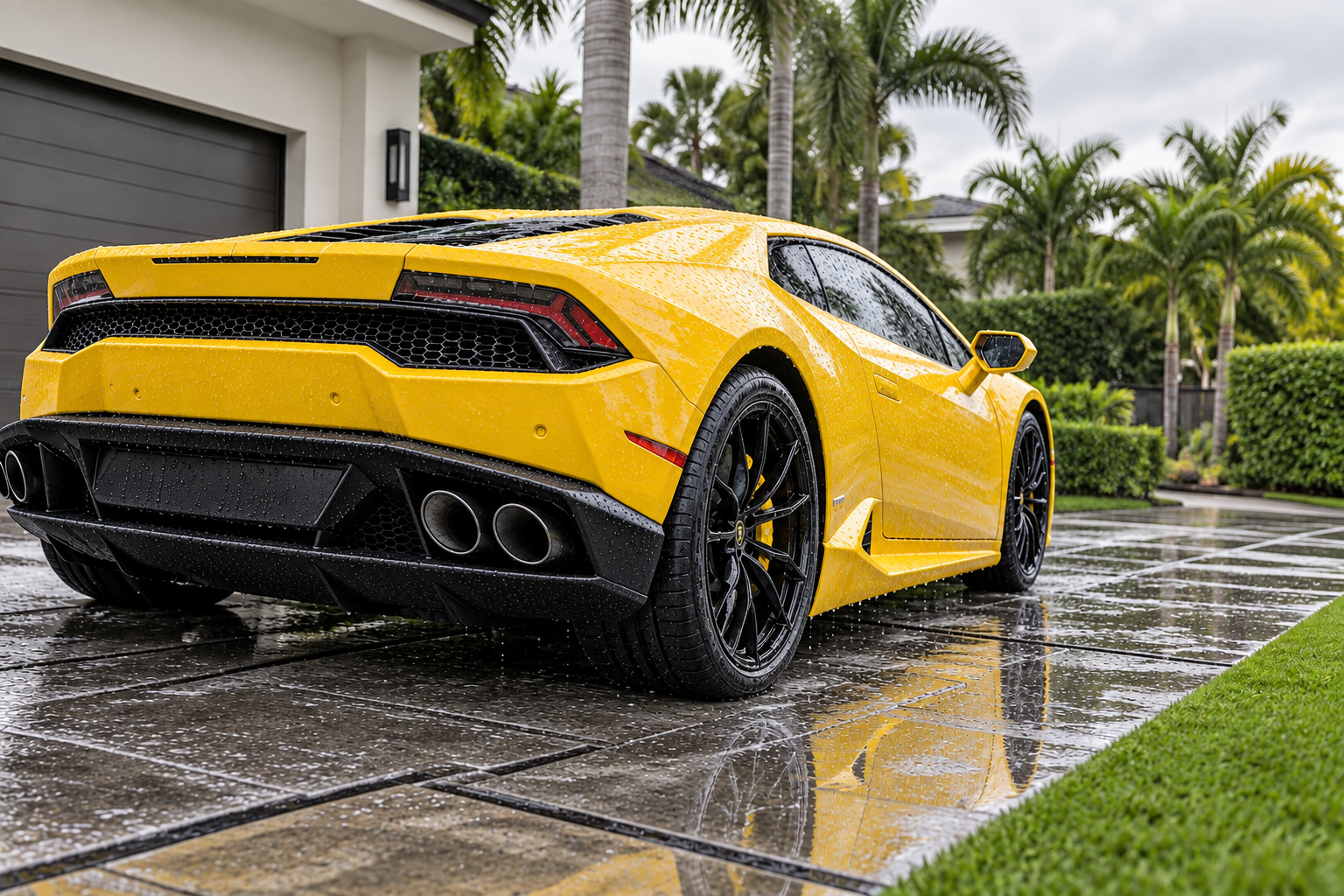 Clean yellow supercar on a wet driveway
